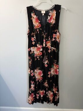 Knox Rose Black Floral Sleeveless Midi Dress with Pink & Peach Blooms Size Large